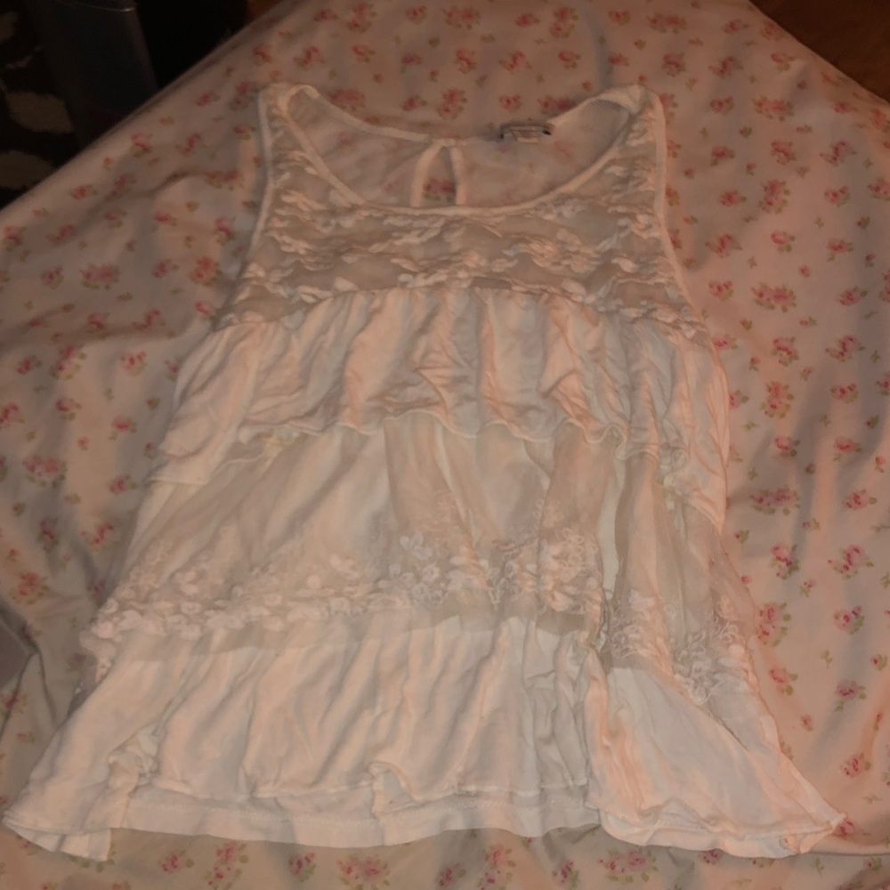 American Eagle Outfitters Ivory Lace Ruffle Tank Top